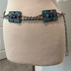 Vintage Silver Chain Belt with Blue and Red Accents
